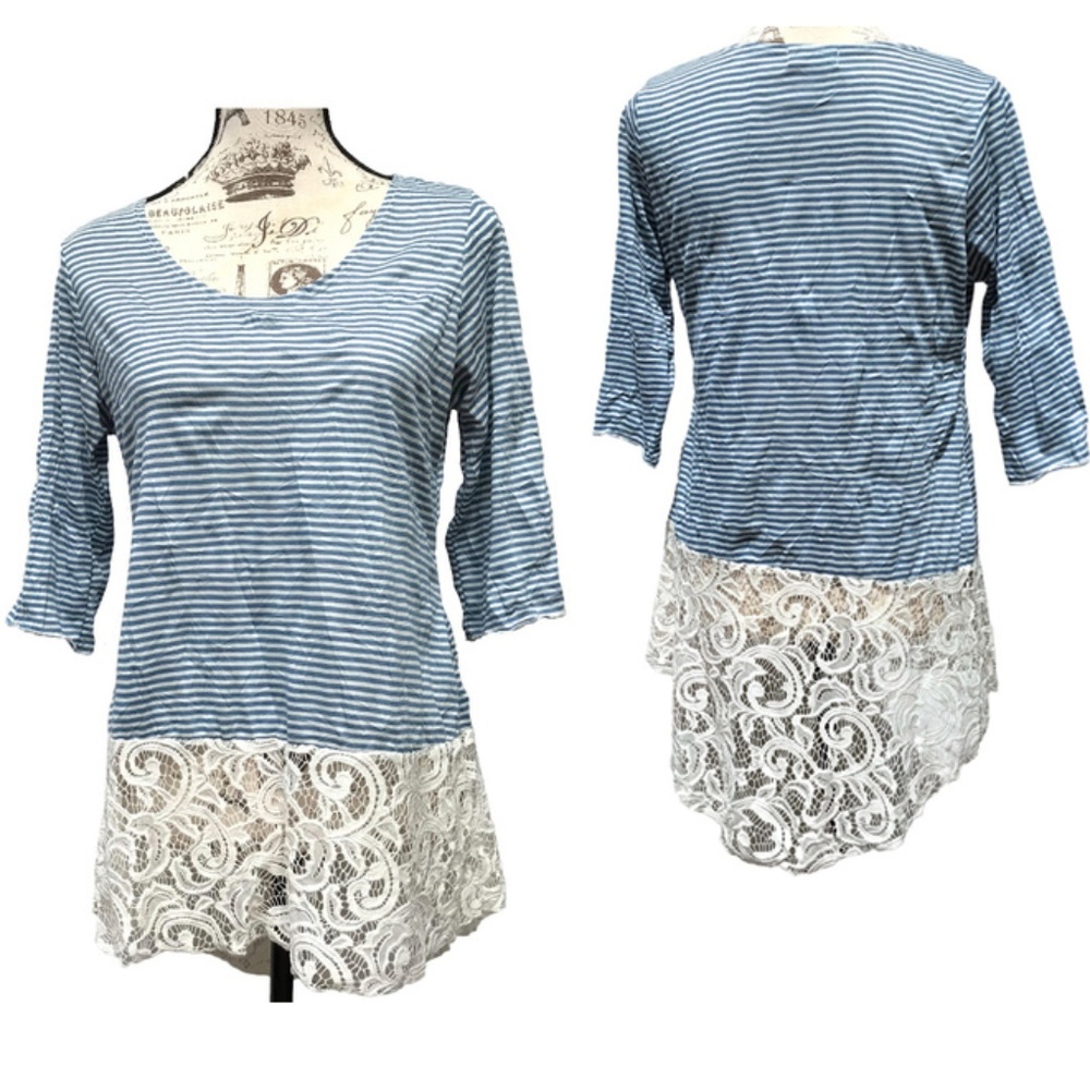 Vine Street Lace Bottom Summer Top Tunic Shirt Stripes Blue White